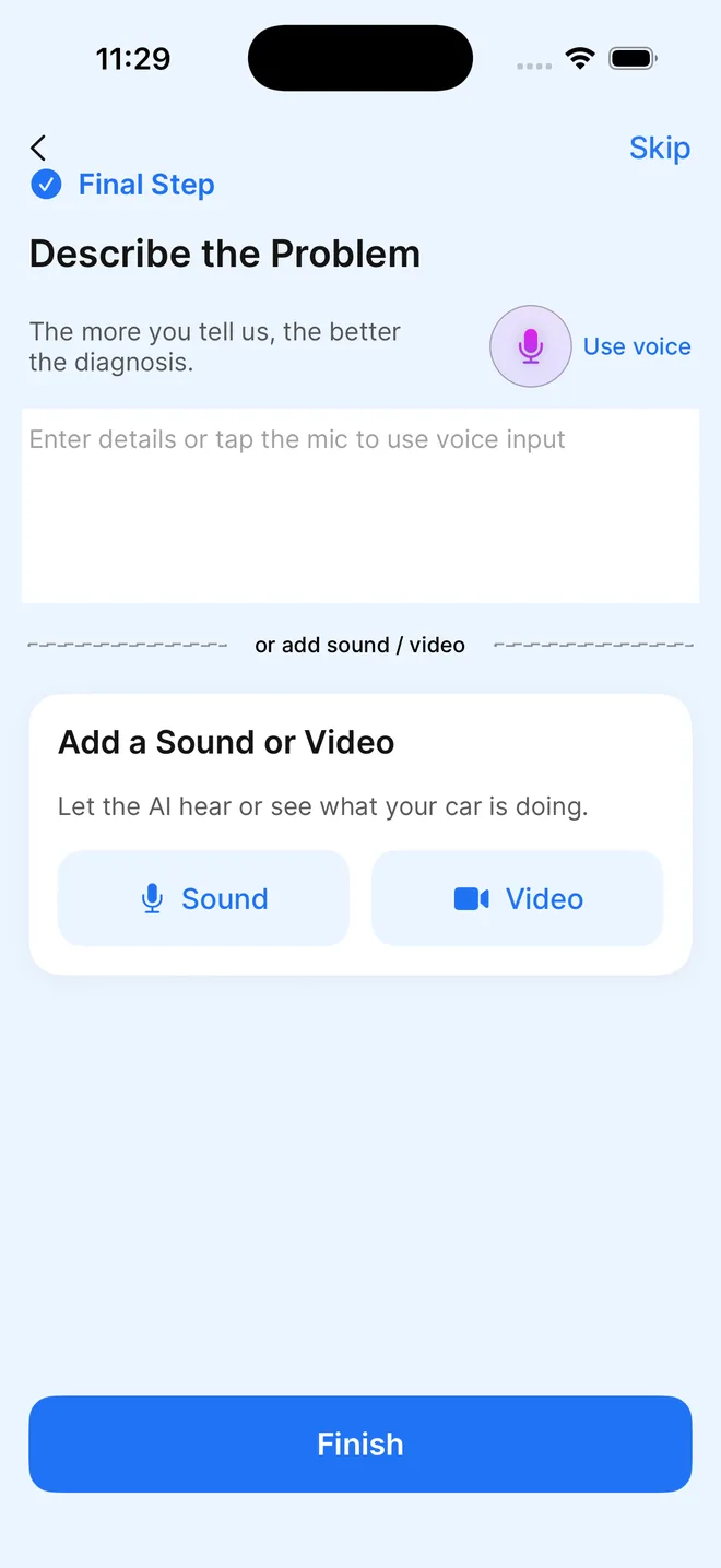 Describe the problem screen with a text field, voice input and buttons to add a sound or a video
