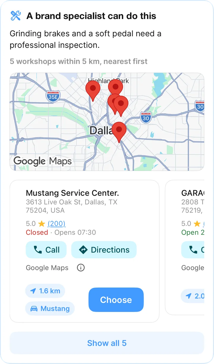 Workshop card in the chat: five workshops within 5 km on a map, nearest first